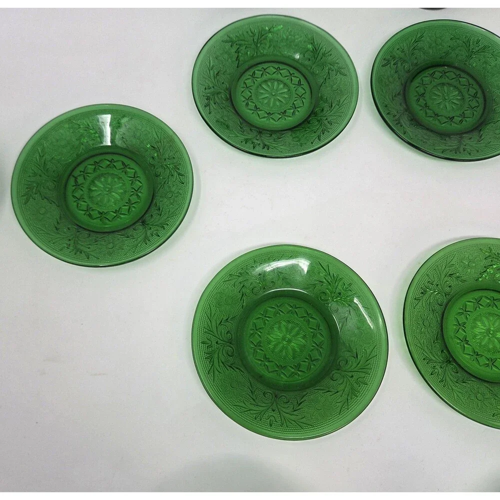 6 Vintage Anchor Hocking Forest Green Sandwich Custard Cups Set And Saucer‎ Set